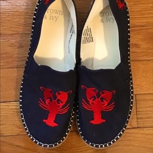 Cute Lobster Espadrilles. Size 7. Navy and Red.